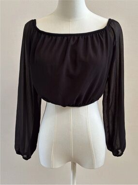 Blue Blush Black Off Shoulder Crop Top Small Sheer Long Sleeve Boho